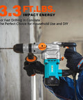 Powerful 9 Amp SDS-Plus rotary hammer drilling 1-1/8 in hole in concrete wall, three modes, includes bits and chisels