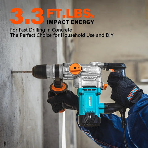 Powerful 9 Amp SDS-Plus rotary hammer drilling 1-1/8 in hole in concrete wall, three modes, includes bits and chisels