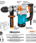 Powerful 9 Amp SDS-Plus rotary hammer delivers fast 1-1/8 in concrete drilling with three modes, tool parts and accessories shown