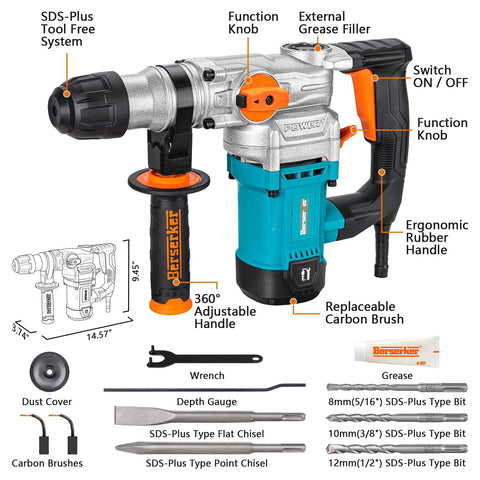 Powerful 9 Amp SDS-Plus rotary hammer delivers fast 1-1/8 in concrete drilling with three modes, tool parts and accessories shown
