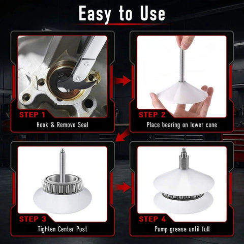 Step-by-step image showing the Heavy Duty Seal Puller Tool And Bearing Packer Kit For Wheel Hubs 2 In 1 Pro Grade Universal Gasket Remover Set.