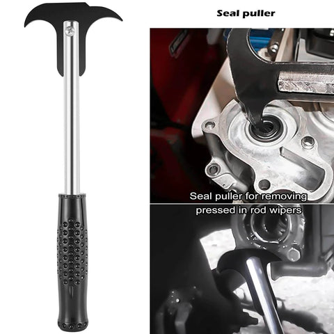 Pro Grade Heavy Duty Hydraulic Cylinder Repair Tool Kit For Skid Steers Loaders And Backhoes With Gland Wrench U Seal Installer Tools Seal Puller And Piston Ring Compressor 17 Pieces Durable Rust Resistant Steel, showing seal puller in use