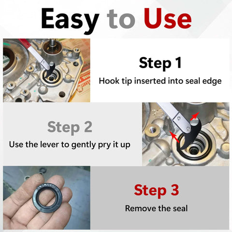 Seal Puller Tool, Oil Seal Removal Tool with Dual Hook in use, showing step-by-step removal process for oil and grease seals.