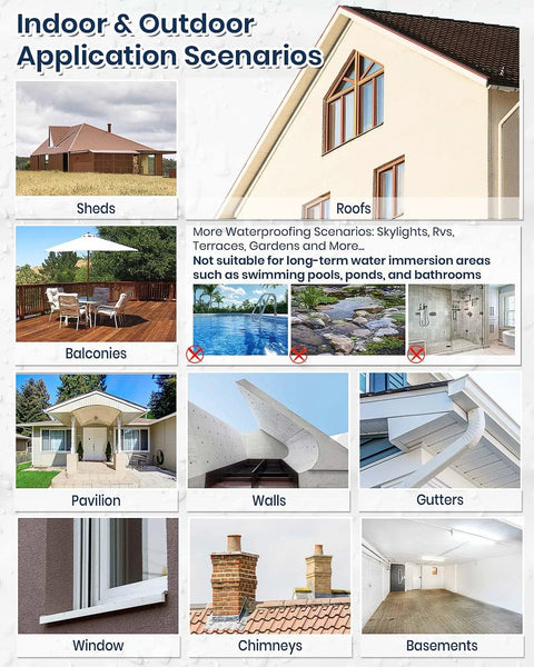 Indoor and outdoor application scenarios for 70Oz clear waterproof sealant including roofs, sheds, balconies, and more.