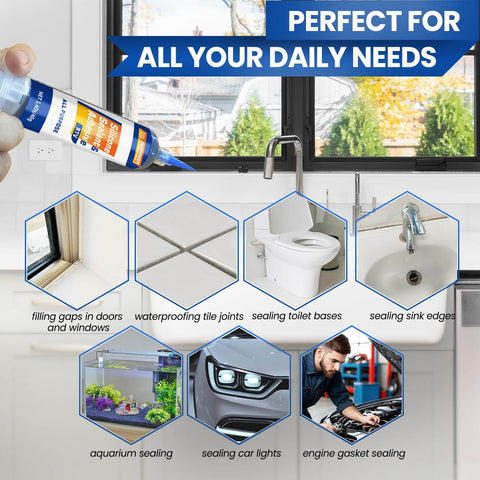 Black Silicone Sealant Adhesive For Automotive Windows Bathrooms And Kitchens That Stays 100 Percent Waterproof And Leak Proof Weatherproof And UV Resistant Built To Last With High Bond Shrink And Crack Resistance 1.4oz 40g being used on various household and automotive surfaces