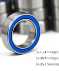 Close-up of a TT02 Sealed Ball Bearings Kit for 1 to 10 RC Cars, showing a 5x11x4mm blue-sealed bearing with dimensions.
