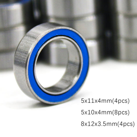 Close-up of a TT02 Sealed Ball Bearings Kit for 1 to 10 RC Cars, showing a 5x11x4mm blue-sealed bearing with dimensions.