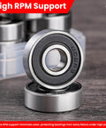 Close-up of Pack of 12 608-2RS sealed ball bearings 8x22x7mm in steel with portable storage box showcasing high RPM support.