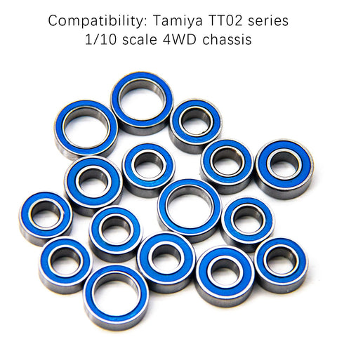 TT02 Sealed Ball Bearings Kit For 1 To 10 RC Cars, 16Pcs Upgrade Set shown with blue seals for TT02 chassis compatibility