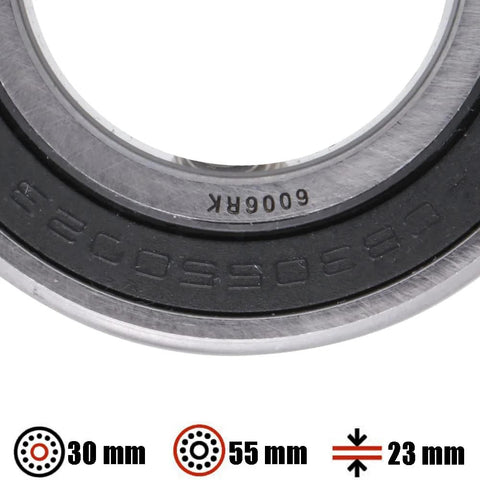 Close-up of sealed double row angular contact ball bearing showing 30mm bore, 55mm outer, 23mm width, and rubber seal detail.