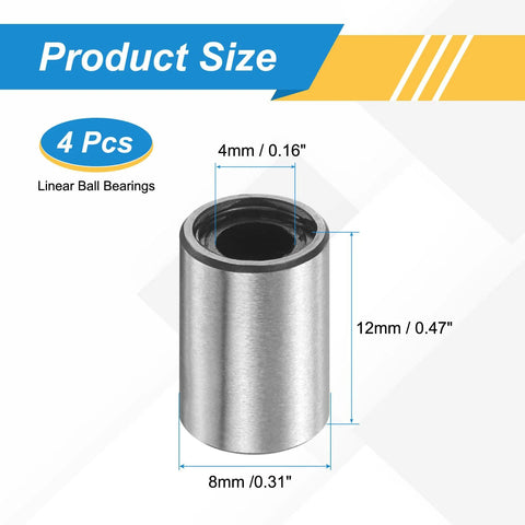 Sealed LM4UU 4x8x12 mm linear ball bearings in a 4-pack with size dimensions highlighted, featuring rubber seals for dust protection.
