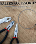 Sealers accessories including pliers and sealing machine heating wire strip replacement heat sealer elements on wooden surface.