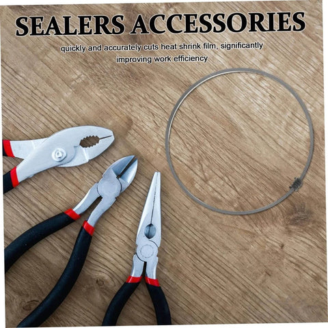 Sealers accessories including pliers and sealing machine heating wire strip replacement heat sealer elements on wooden surface.