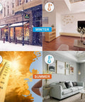 Seasonal collage showing winter snow outside a store and a warm room interior, and summer heat with a thermometer and a cool living room.