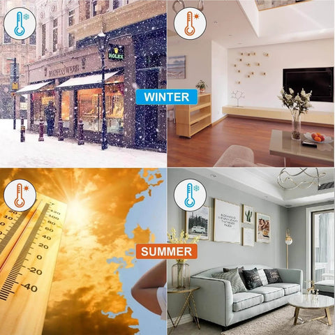 Seasonal collage showing winter snow outside a store and a warm room interior, and summer heat with a thermometer and a cool living room.