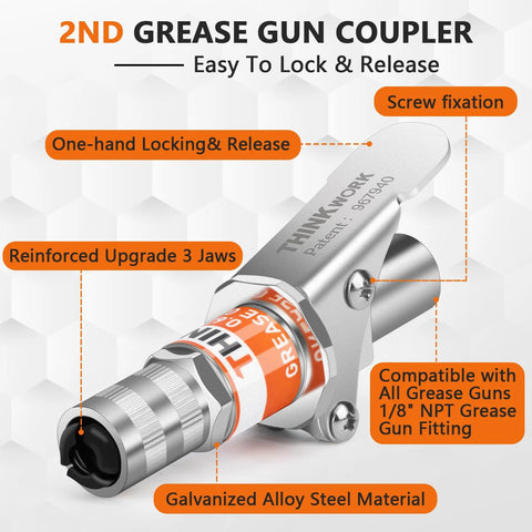 Hands Free Lock On Grease Gun Coupler With Cleaning Tool, 14000 PSI Quick Release, 5/8 Inch Size, universal fit illustrated features