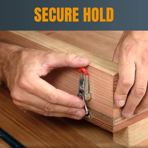 Two hands using a Four Pack Toggle Clamps With 220 Lb Holding Power And 4001 Adjustable Pull Action Latch for securing wood.