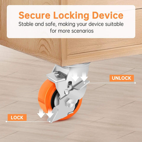 Close-up of a 4 inch industrial heavy duty caster wheel set of 4 with polyurethane swivel design, showcasing the secure locking feature.