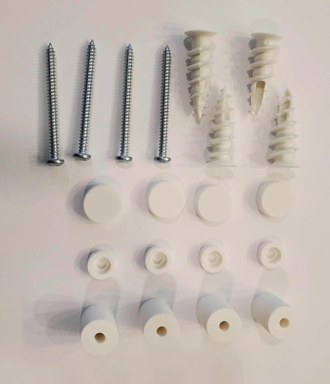 Secure Mounting Hardware Kit For SKÅDIS Pegboard System Matte White Pack Of 4 showing screws, anchors, and covers for installation.