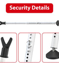 3 In 1 Sliding Door Security Bar From Inside Heavy Duty Adjustable Front Door And Window Barricade Door Jammer Lock Protector With Reinforced Steel And Non Slip Rubber Base For Maximum Home Safety And Peace Of Mind, showing detailed close-ups of the adjustable holes, anti-slip rubber base, and steel construction.