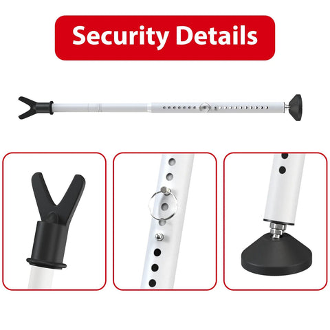 3 In 1 Sliding Door Security Bar From Inside Heavy Duty Adjustable Front Door And Window Barricade Door Jammer Lock Protector With Reinforced Steel And Non Slip Rubber Base For Maximum Home Safety And Peace Of Mind, showing detailed close-ups of the adjustable holes, anti-slip rubber base, and steel construction.