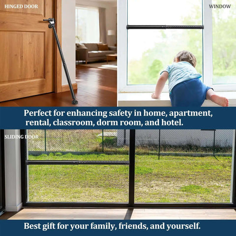 Three In One Door Security Bar for Doors Windows and Sliding Patios in use on hinge doors and windows with adjustable metal rod.