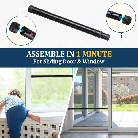Three In One Door Security Bar For Doors Windows And Sliding Patios installed on sliding glass door and window, preventing access.