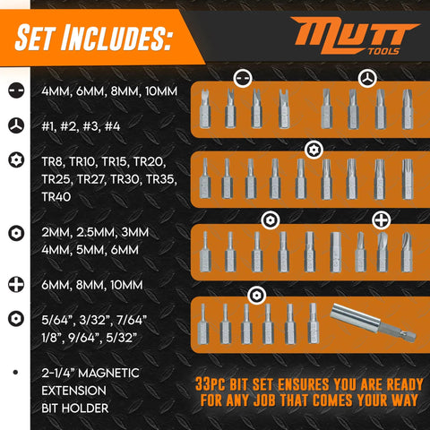 Complete 33 Piece Security Bit Set For Pros With Tamper Proof Torx Bits diagram with sizes and types listed on display card