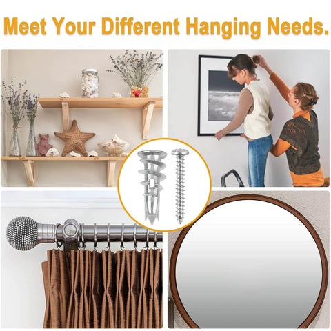 116 pcs self drilling drywall anchors and screws kit used for hanging shelves and curtains in a home setting, zinc alloy anchors featured.