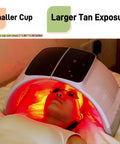 Person using a tanning device with see through safety goggles pack of 2 for tanning and eye protection with cases during session.