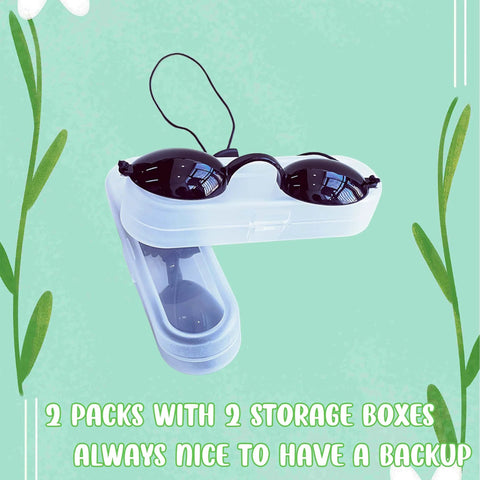 See Through Safety Goggles Pack Of 2 For Tanning And Eye Protection With Cases, shown with storage cases on a green background.