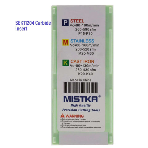 SEKT1204 Carbide Insert packaging with specifications for steel, stainless, and cast iron by MISTKA