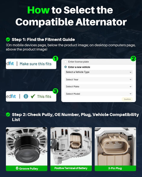Guide to selecting compatible alternator for Subaru Legacy and Outback; shows fitment steps and alternator features.