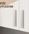 Four Pcs SelfAdhesive Edge Finger Pull Door Handles on white cabinet, aluminum finish, screwless install, wide application.