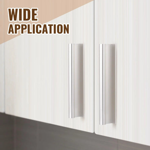 Four Pcs SelfAdhesive Edge Finger Pull Door Handles on white cabinet, aluminum finish, screwless install, wide application.