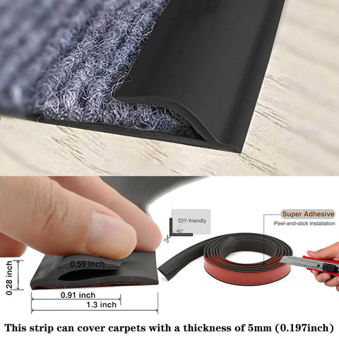 Carpet to Tile Transition Strip, Self Adhesive Cuttable Carpet Edge Trim Strip, flexible edging on carpet with measurement details