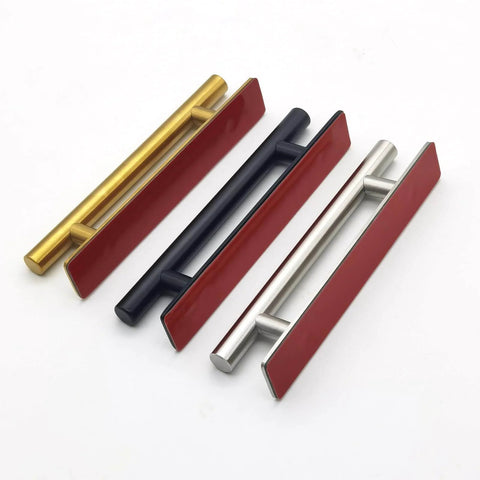 4 cabinet handles in gold, black, red, and silver with acrylic finish, highlighting the modern style of 5 Inch Self Adhesive Cabinet Handles Set Of 4