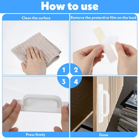 How to install 4 Pack Stick On Cabinet Handles Self Adhesive No Drill Door Pulls tutorial with cleaning, adhesive step, and final placement.