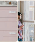 8 Pcs Plastic Cabinet Drawer Handles Self Adhesive 4 Color Set installed on pink drawers and glass doors, no drill multipurpose design