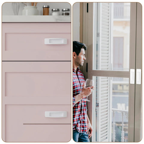 8 Pcs Plastic Cabinet Drawer Handles Self Adhesive 4 Color Set installed on pink drawers and glass doors, no drill multipurpose design