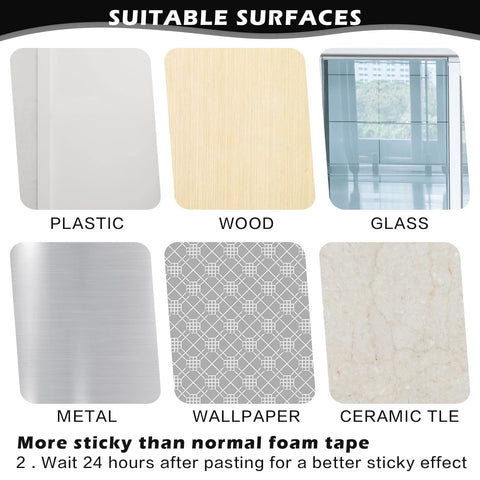 Image showing suitable surfaces for 2 Pack Self Adhesive Cabinet Handles And Drawer Pulls, including plastic, wood, glass, metal, wallpaper, and ceramic tile.