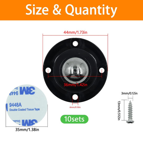 Diagram showing dimensions and parts of Self Adhesive Caster Wheels Set, 10 Pack, 0.8 Inch Low Profile Swivel Wheels for furniture.