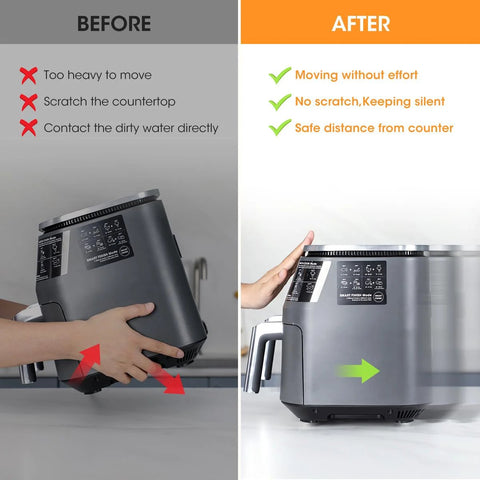 Comparison of kitchen appliance before and after using Self Adhesive Caster Wheels 8 Pack Small Furniture Sliders And Appliance Rollers