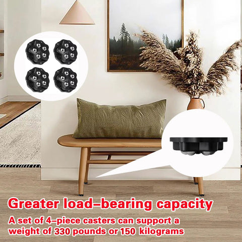 Self Adhesive Caster Wheels For Carpet And Large Appliances showing load capacity support, black casters on furniture.