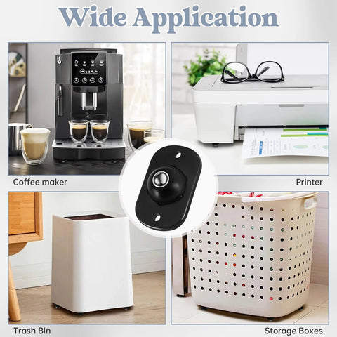 8 Pcs Self Adhesive Caster Wheels For Appliances And Small Furniture With 360 Degree Swivel Rotation Durable ABS And Stainless Steel Bearings Black Easy To Install On Most Surfaces Providing Smooth Glide For Heavy Trash Cans Bins And Storage Boxes shown in use with coffee maker, printer, trash bin, and storage box.