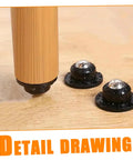 Close-up of self adhesive caster wheels set installed on wooden furniture leg, demonstrating 360-degree swivel capability and compact low profile