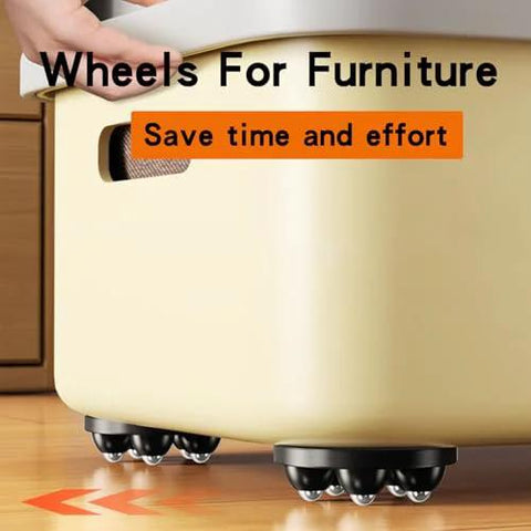 Self Adhesive Mini Caster Wheels 360 Degree Swivel Mute Universal Wheel Rollers For Kitchen Appliances Black, installed on furniture.