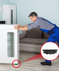 Man using self adhesive caster wheels for carpet and large appliances, swivel steel universal appliance sliders on furniture