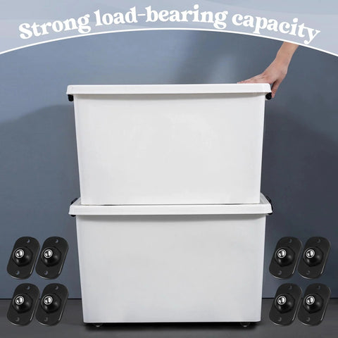 Image showing two stacked white storage boxes with 8 Pcs Self Adhesive Caster Wheels For Appliances And Small Furniture With 360 Degree Swivel Rotation Durable ABS And Stainless Steel Bearings Black Easy To Install On Most Surfaces Providing Smooth Glide For Heavy Trash Cans Bins And Storage Boxes visible around them.