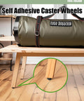 Table on hardwood floor with self adhesive caster wheels attached, supporting a large bag.